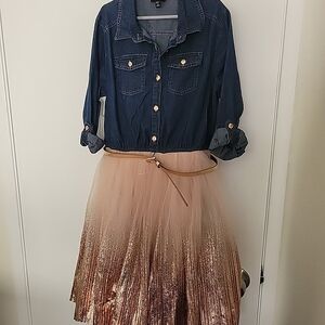 Girls Chic Denim Top with Glitter Ombre Skirt - Size XL (14/16)